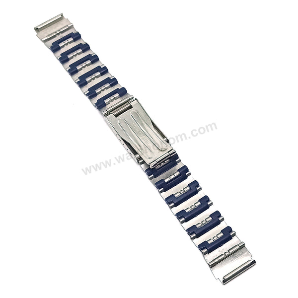 Fits/For Casio AW-45D - 18mm Navy Blue Rubber Metal - Stainless Steel Watch Band / Strap Bracelet