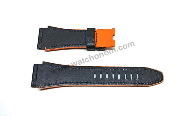 Handmade Black with Red , Orange Line Leather Watch Strap Band Comp. for Seiko Sportura Honda 7T82-0AA0 - SPC003P1 , SBHP021