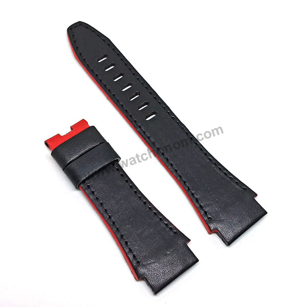 Handmade Black with Red , Orange Line Leather Watch Strap Band Comp. for Seiko Sportura Honda 7L22-0AM0 - SNL035P1