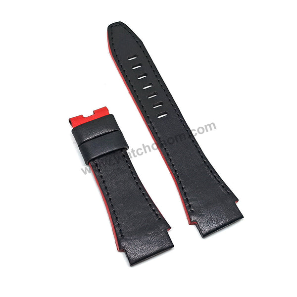Handmade Black with Red , Orange Line Leather Watch Strap Band Comp. for Seiko Sportura Honda 7T82-0AA0 - SPC003P1 , SBHP021