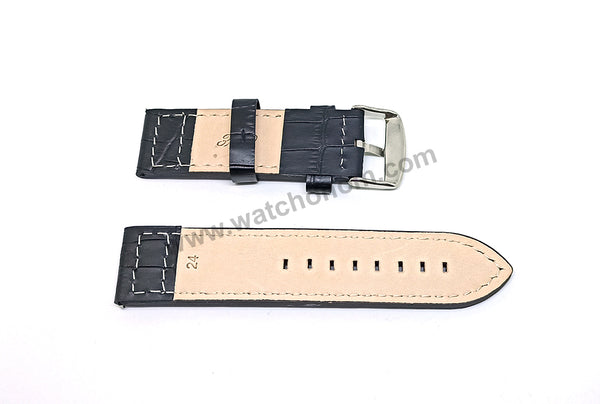 Fits/For Luminox , TW Steel , Aviator / Pilot - 24mm Black White Stitch Rivet Genuine Leather Replacement Watch Band Strap