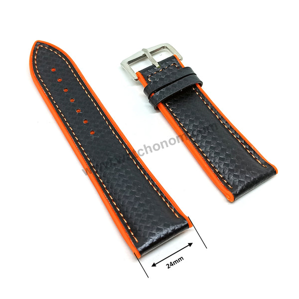 24mm Carbon Embossed Pattern Black Genuine Leather on Orange Silicone/Rubber Replacement Watch Band / Strap