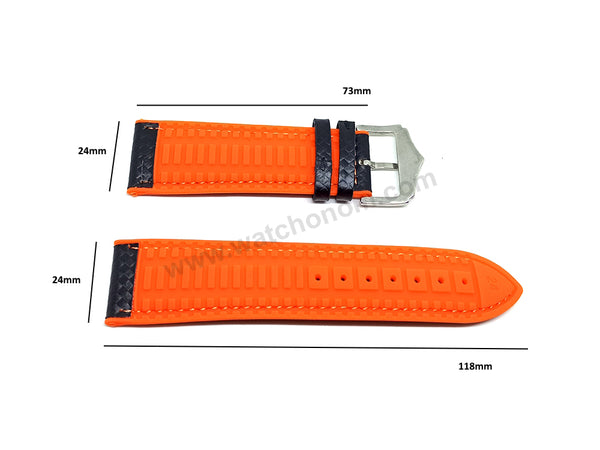 24mm Carbon Embossed Pattern Black Genuine Leather on Orange Silicone/Rubber Replacement Watch Band / Strap