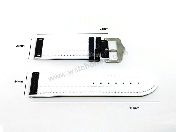 24mm Carbon Embossed Pattern Black Genuine Leather on White Silicone/Rubber Replacement Watch Band / Strap