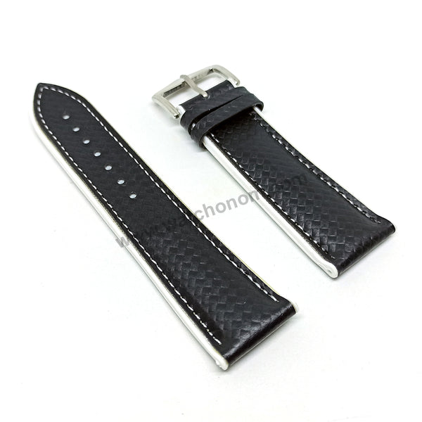 24mm Carbon Embossed Pattern Black Genuine Leather on White Silicone/Rubber Replacement Watch Band / Strap