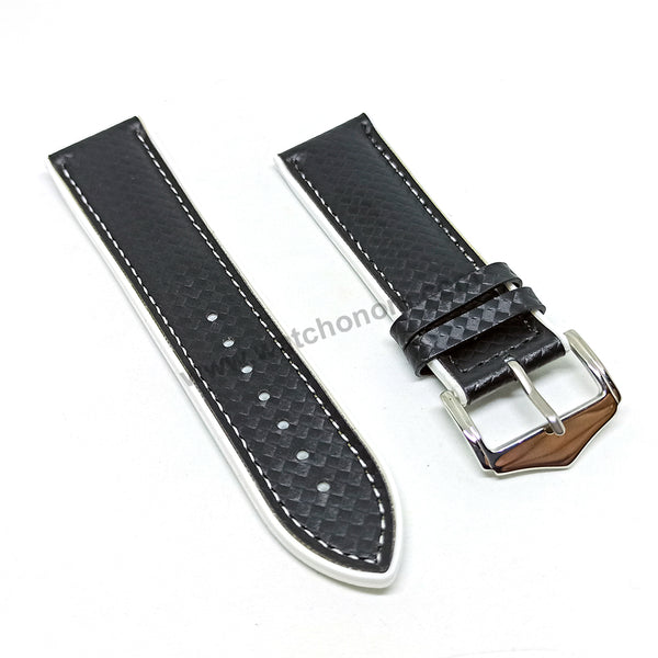 24mm Carbon Embossed Pattern Black Genuine Leather on White Silicone/Rubber Replacement Watch Band / Strap