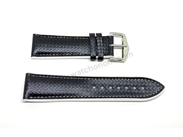 24mm Carbon Embossed Pattern Black Genuine Leather on White Silicone/Rubber Replacement Watch Band / Strap