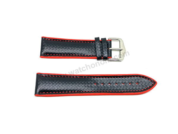 22mm Carbon Embossed Pattern Black Genuine Leather on Red Silicone/Rubber Replacement Watch Band / Strap