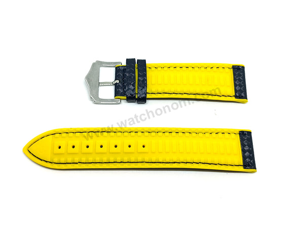 22mm Carbon Embossed Pattern Black Genuine Leather on Yellow Silicone/Rubber Replacement Watch Band / Strap