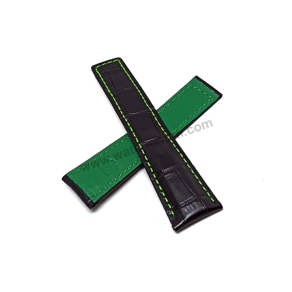 22mm Black Genuine Leather on Green Stitched Replacement Watch Band Strap Fits with Tag Heuer Carrera , Monaco