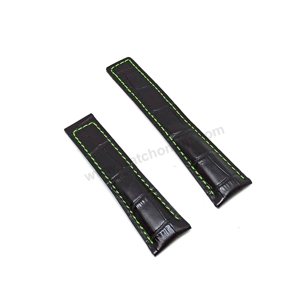 22mm Black Genuine Leather on Green Stitched Replacement Watch Band Strap Fits with Tag Heuer Carrera , Monaco