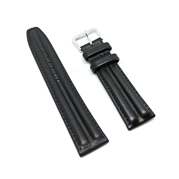 20mm Embossed Black Genuine Leather DOUBLE RIDGED Replacement Watch Band Strap Fits with Seiko , Pulsar , Casio Edifice