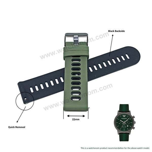 Fits/For Emporio Armani AR1950 Luigi  - 22mm Green on Black Rubber Silicone Replacement Watch Band Strap Belt