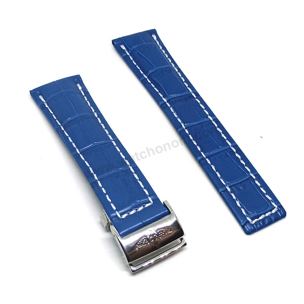 Fits/For Breitling Navitimer AB0127 - 24mm Plain Blue Leather 24-20 Replacement Watch Band Strap Belt with Deployment Buckle