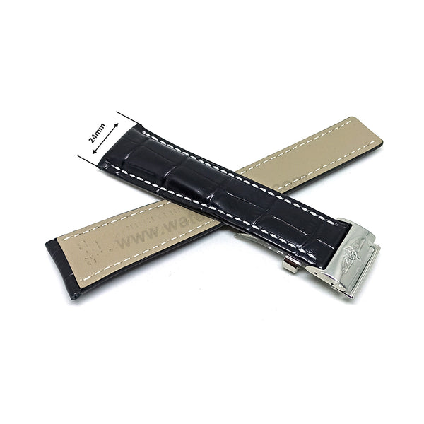 Fits/For Breitling Navitimer AB0127 - 24mm Black Leather 24-20 Replacement Watch Band Strap Belt with Deployment Buckle