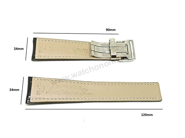 Fits/For Breitling Navitimer AB0127 - 24mm Black Leather 24-20 Replacement Watch Band Strap Belt with Deployment Buckle