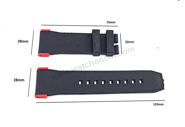 Fits/ For Puma Ultrasize PU102941003 , PU103981006 - 28mm Black Rubber Replacement Watch Band Strap (with red lug parts)
