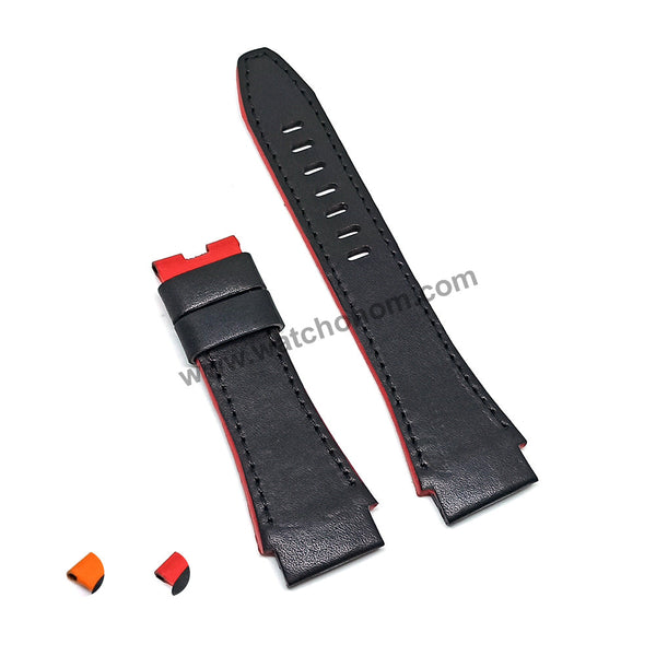 Handmade Black with Red , Orange Line Leather Watch Strap Band Comp. for Seiko Sportura Honda 7T82-0AA0 - SPC003J1 , SPC003P9
